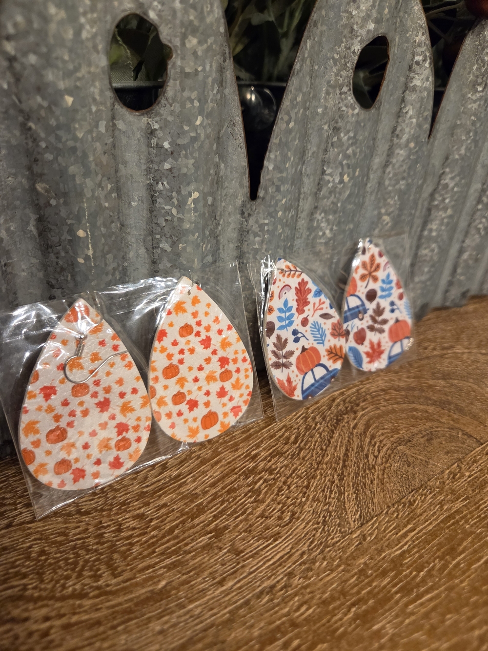 Fall Teardrop Earrings Set Of 2 - Orange Pumpkins And Blue Fall Leaves Pairs